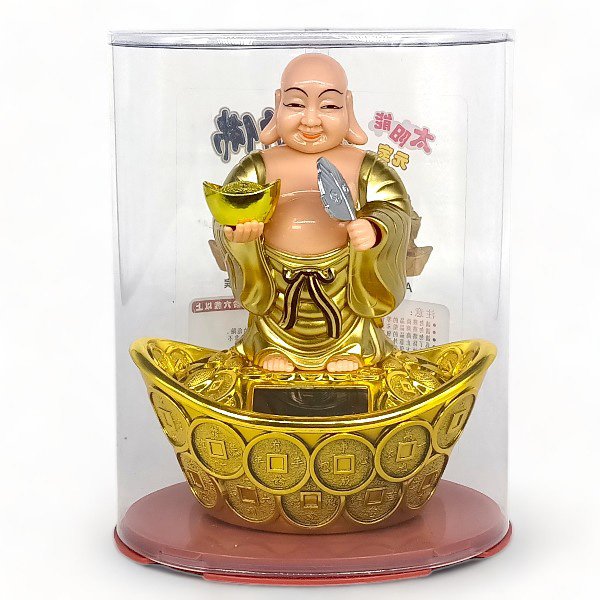 Laughing Buddha Solar Powered Head Shaking Statue - 6" (Golden)