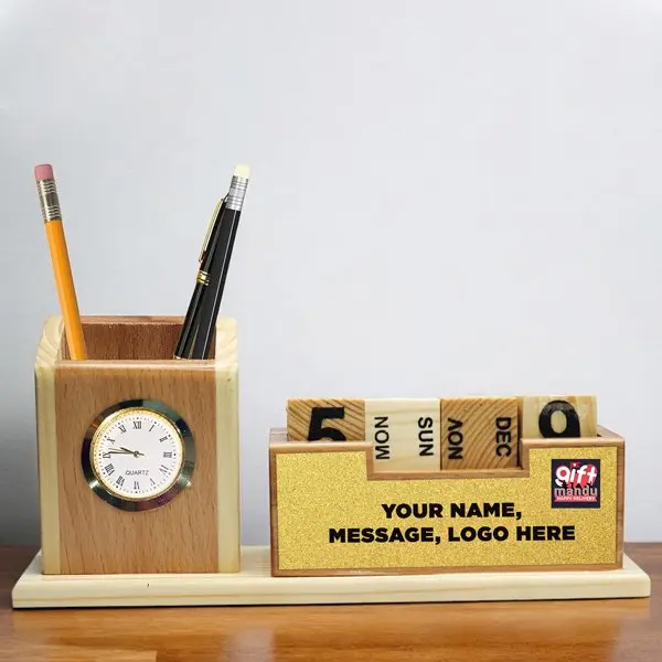 Golden-Plated Personalized Wooden Desk Organizer with Pen Holder