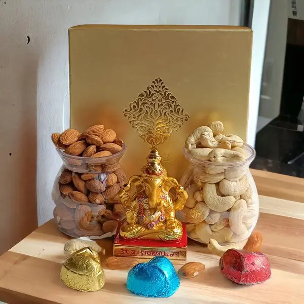 Mini Golden Ganesha Statue, Drynuts and Chocolates Box