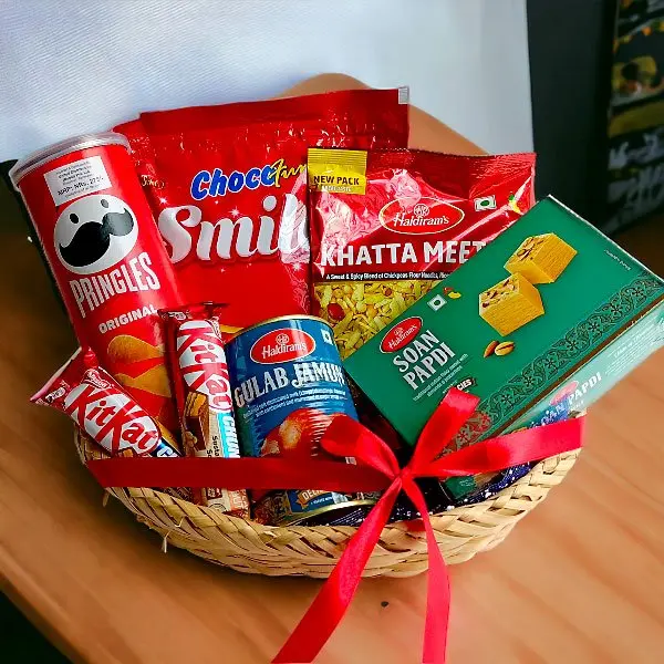 Namkeen With Chocolates & Gulab Jamun, Pringles Gift Basket