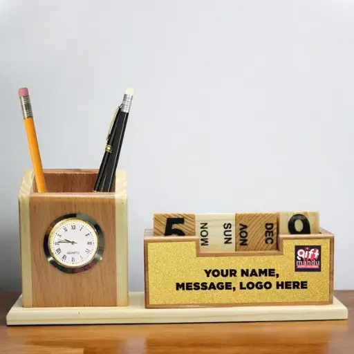 Golden-Plated Personalized Wooden Desk Organizer with Pen Holder
