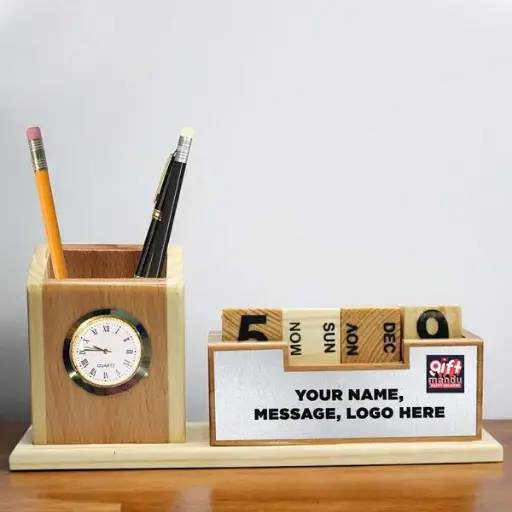 Silver-Plated Personalized Wooden Desk Organizer with Pen Holder