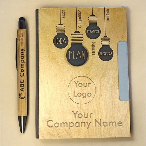 Custom Wooden Notebook & Blue Pen Set